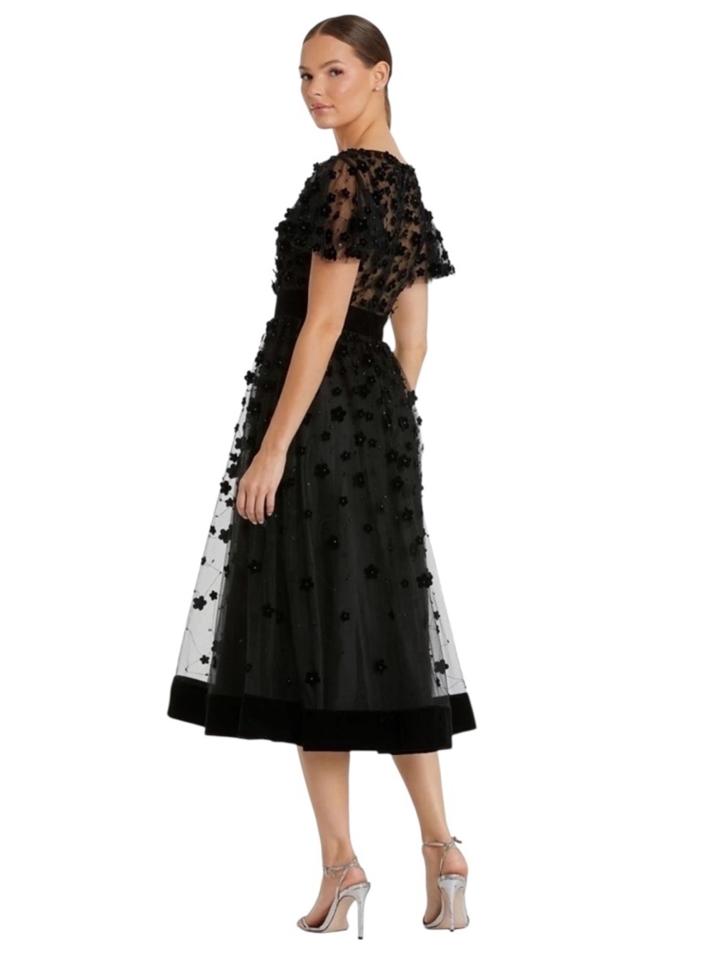 NWT: Mac Duggal Flare Sleeve Floral Appliqués Midi Dress 67854-Black, Size 10 - Picture 2 of 15